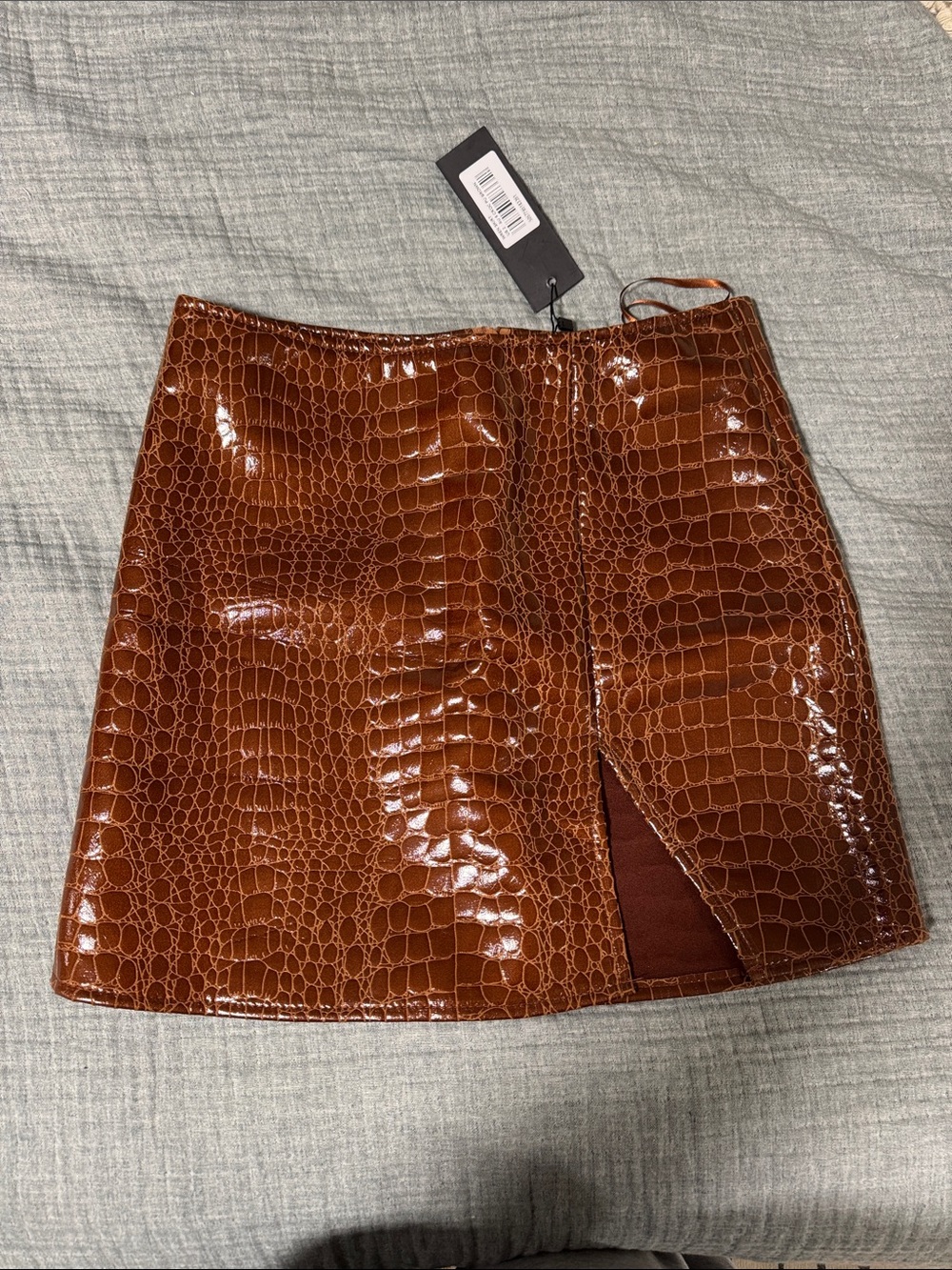 Princess Polly Croc-Embossed Patent Mini Skirt in Brown